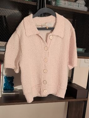 Cream Textured Button-Up Short Sleeve Cardigan
